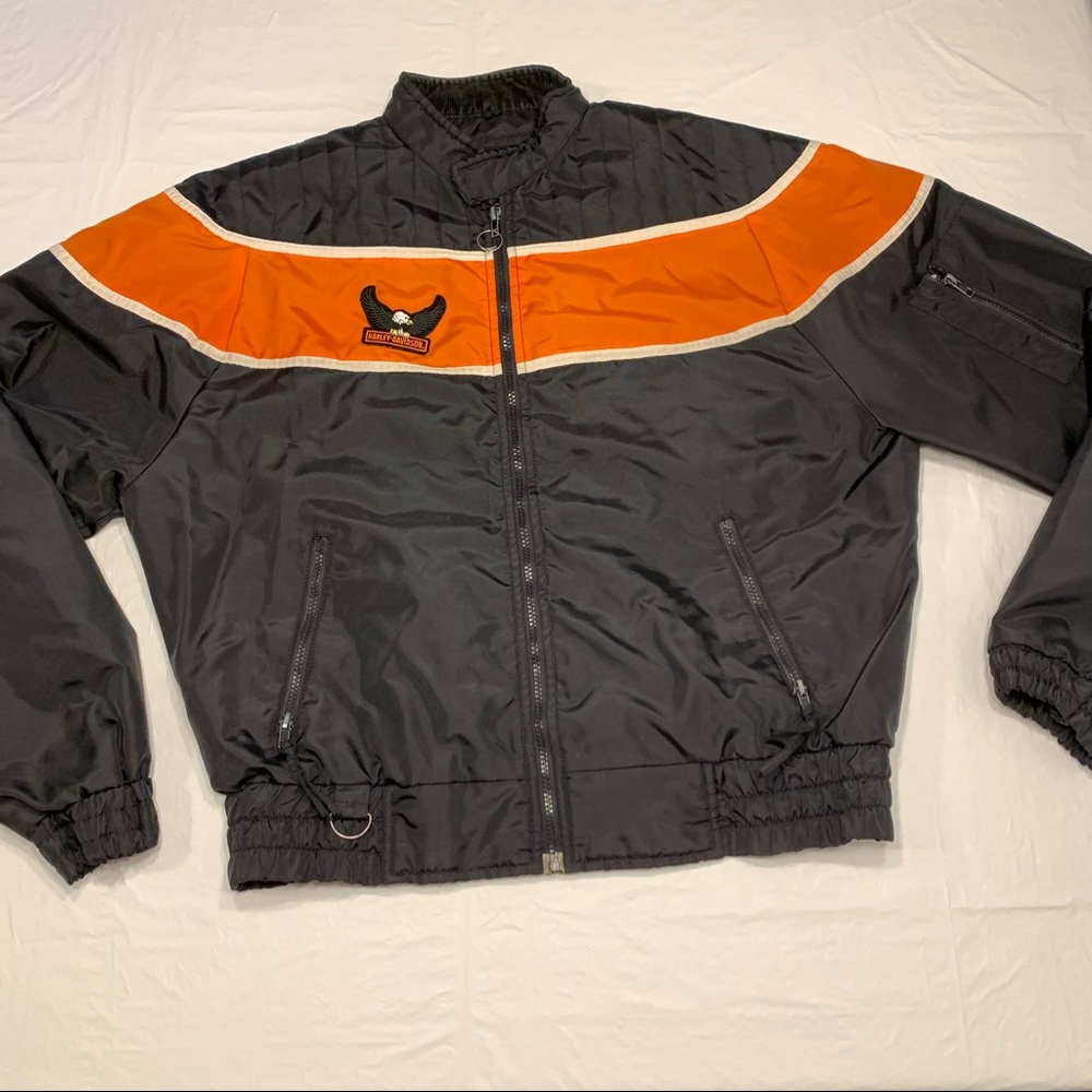 Biker Design Harley Davidson Logo Black Orange Waterproof Bomber Jacket Men’s L